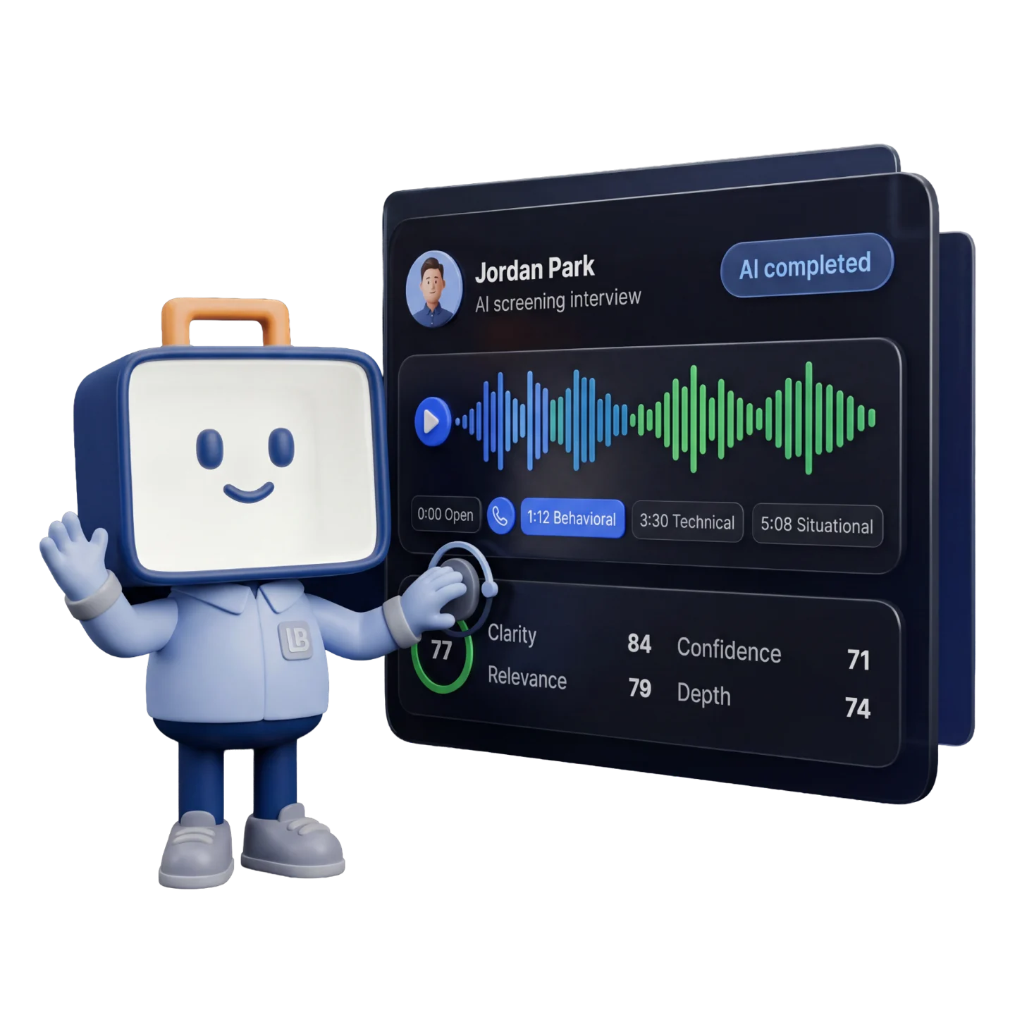 AI screening interview for Jordan Park: waveform playback with Clarity, Confidence, Relevance and Depth scores