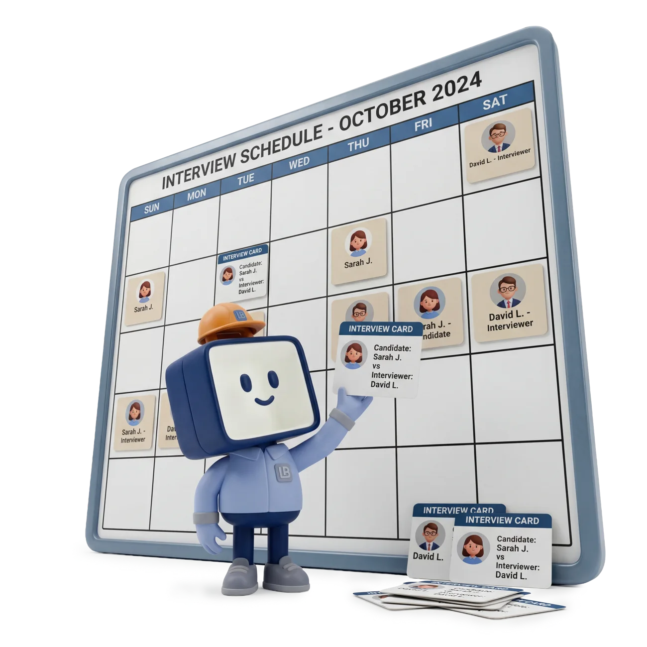 LunchBox HR arranging interview cards on a shared October interview schedule board
