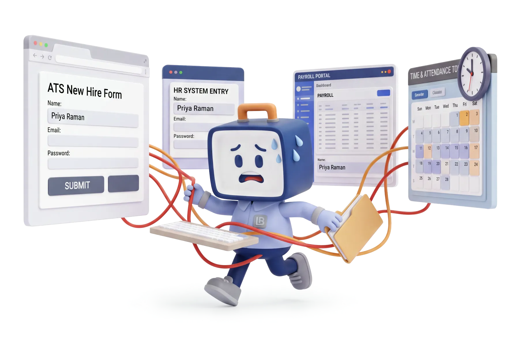 An overwhelmed LunchBox character re-typing the same new hire into an ATS form, an HR system, a payroll portal and a time & attendance tool, tangled in cables