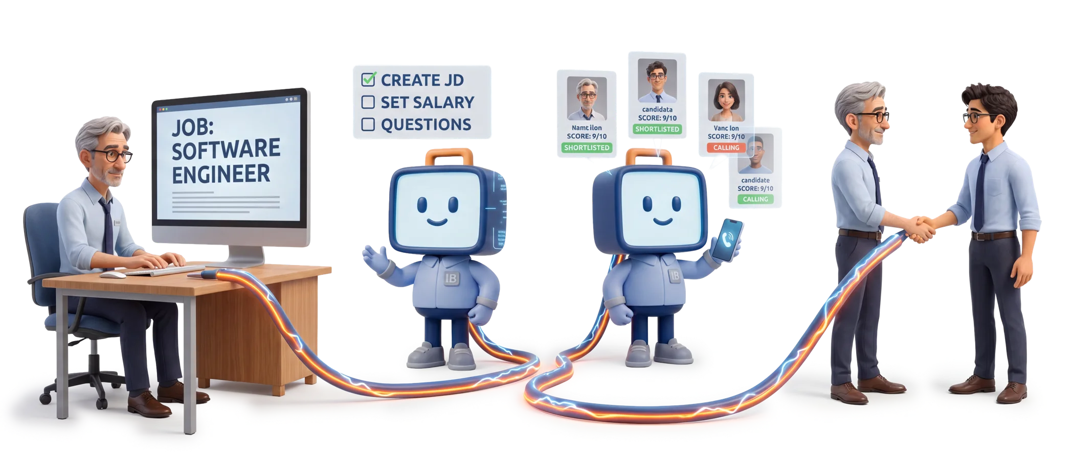 LunchBox AI flow: a recruiter posts a Software Engineer role, the LunchBox mascot creates the job description, salary and questions, then shortlists and calls candidates, ending in a handshake hire