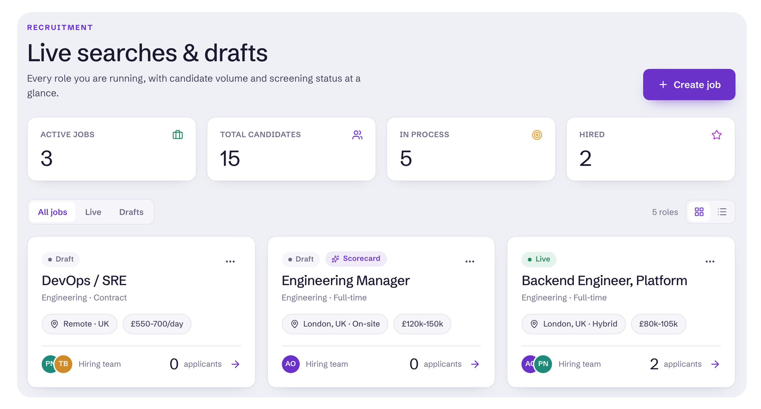 Jobs board listing live searches and drafts with applicant counts and screening status