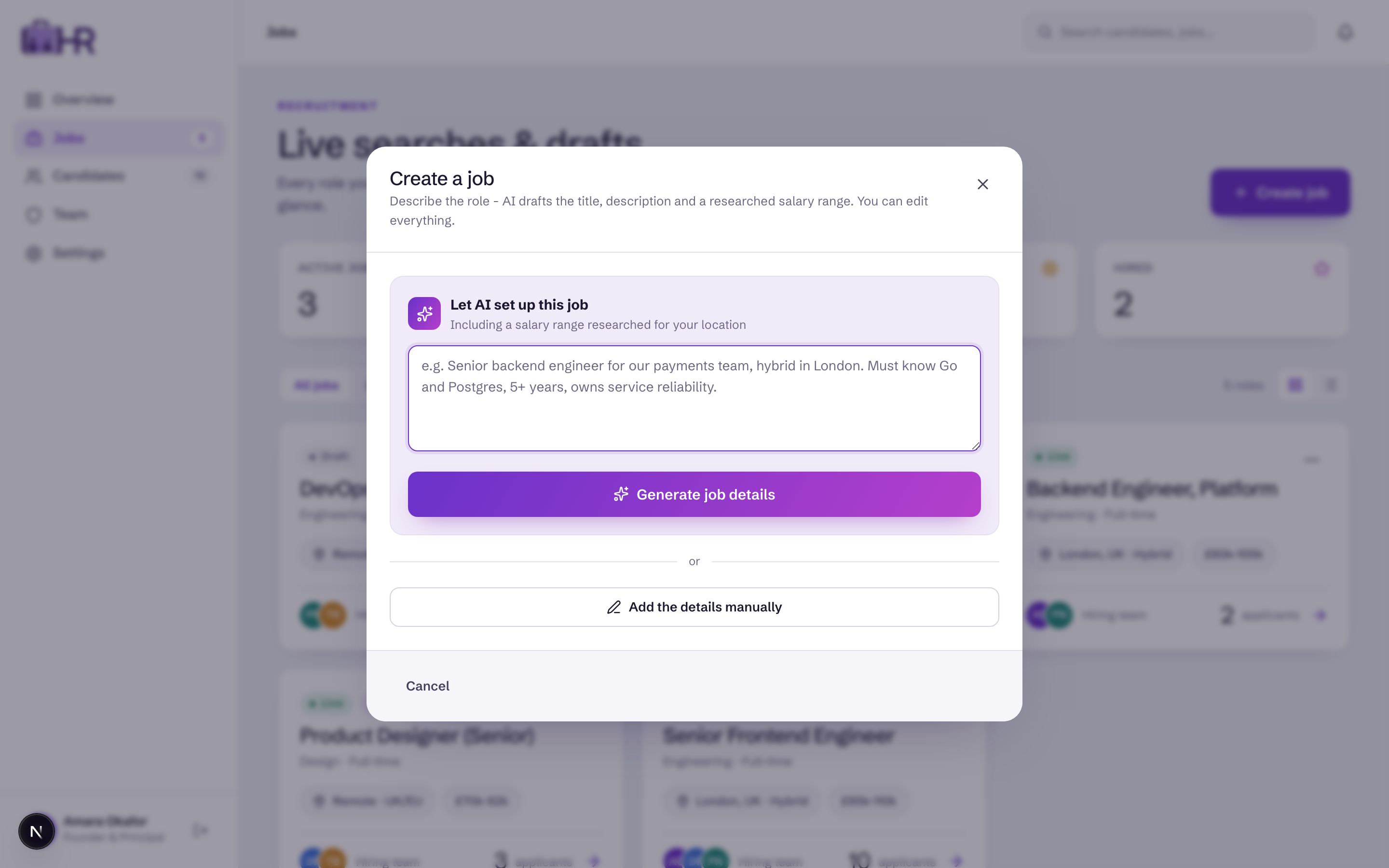 AI Create a job modal generating a job post from a few details