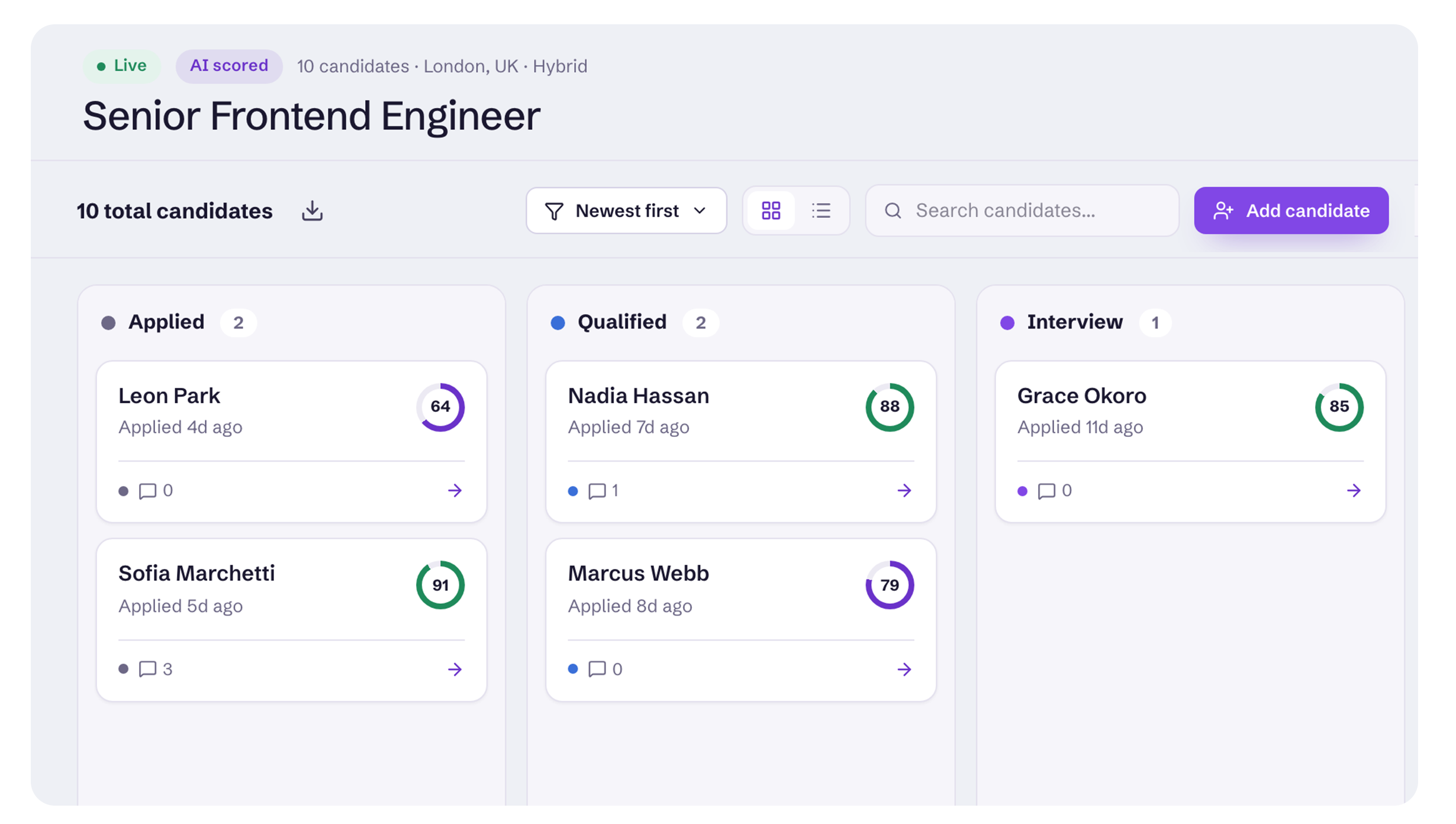 Drag-and-drop pipeline kanban board from Applied to Hired with AI match scores on each card