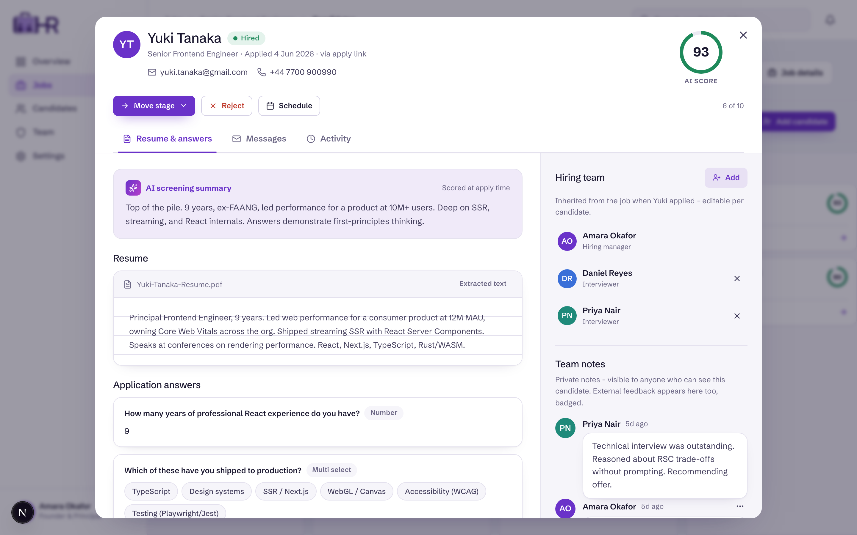 Candidate profile showing the AI match score and a plain-English summary of why